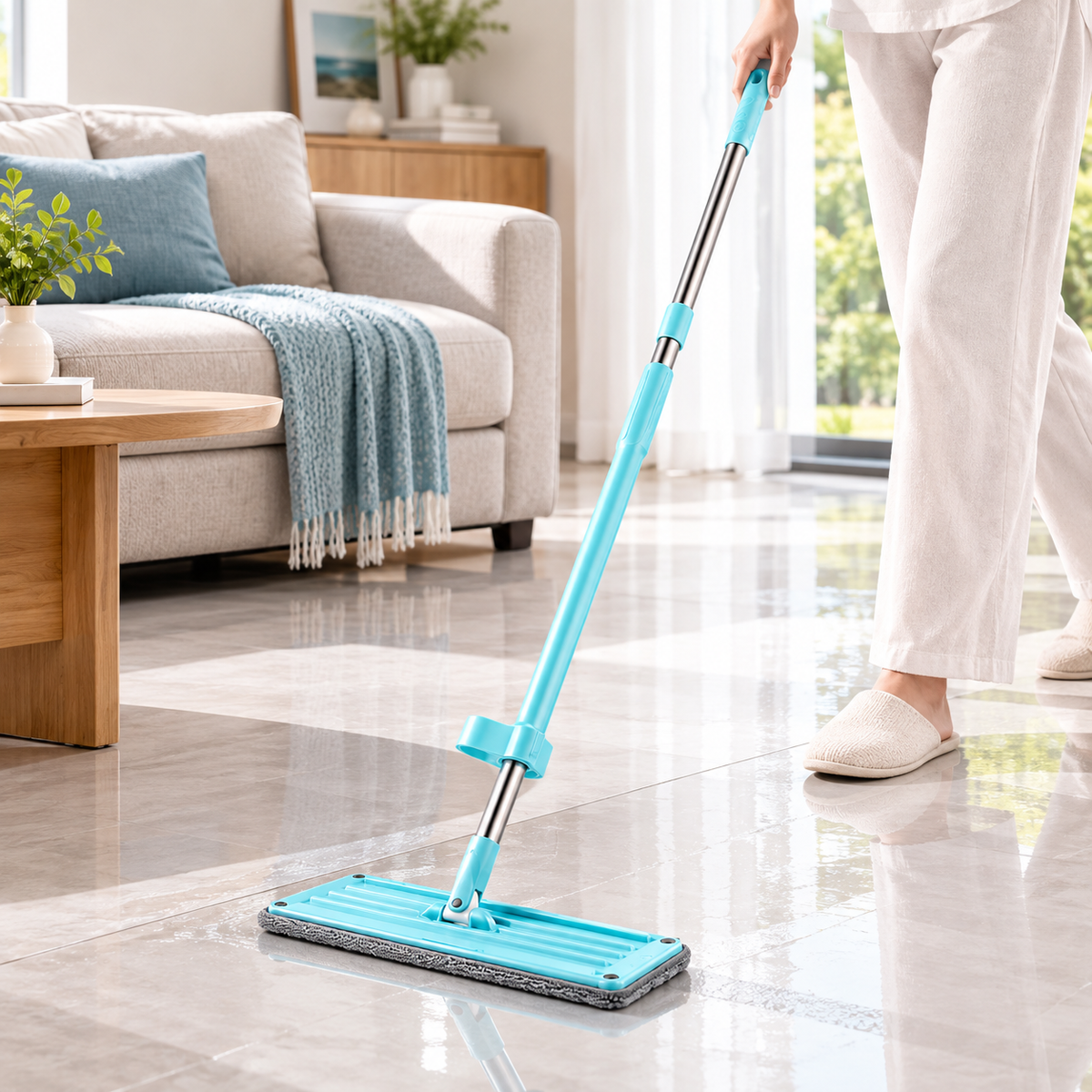 Adjustable Microfiber Flat Mop with Swivel Head and Washable Cleaning Pad