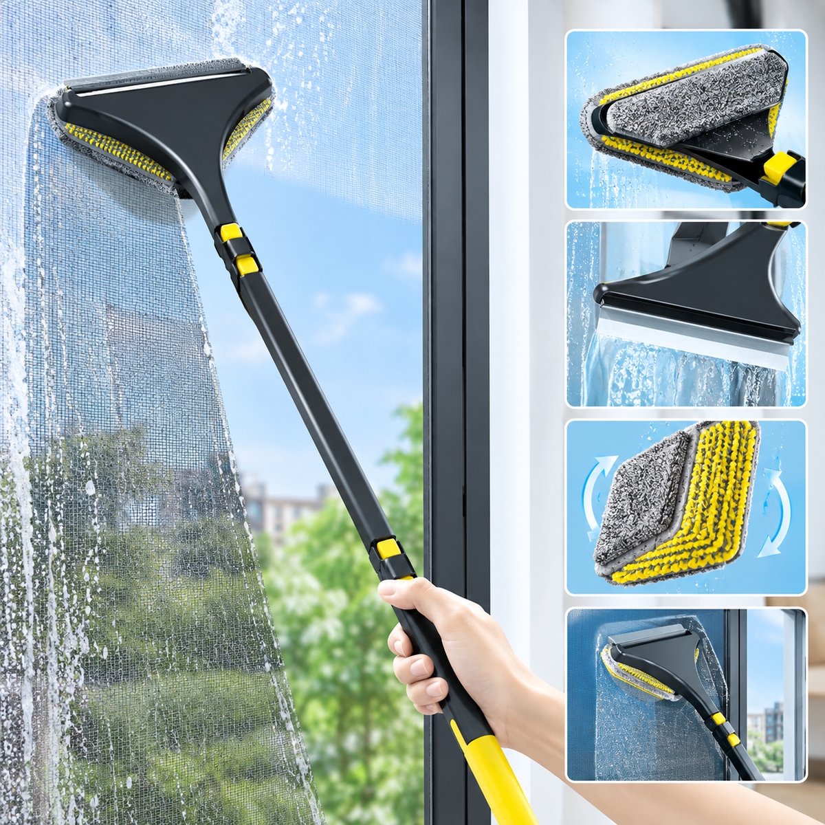 Dual-Sided Window & Screen Cleaning Brush with Adjustable Handle and Squeegee