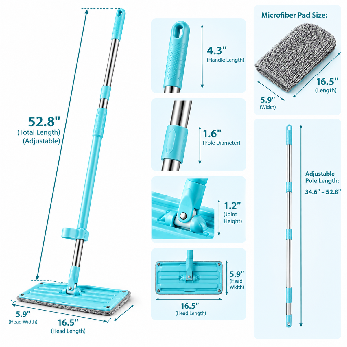 Adjustable Microfiber Flat Mop with Swivel Head and Washable Cleaning Pad